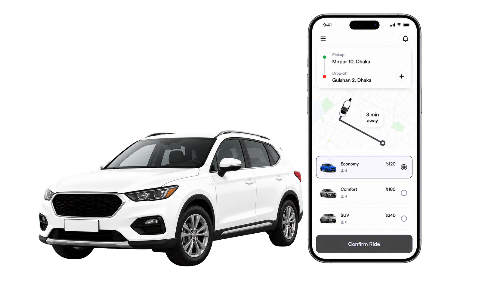 Prévia do app Chegga com o mapa da rota e um SUV branco