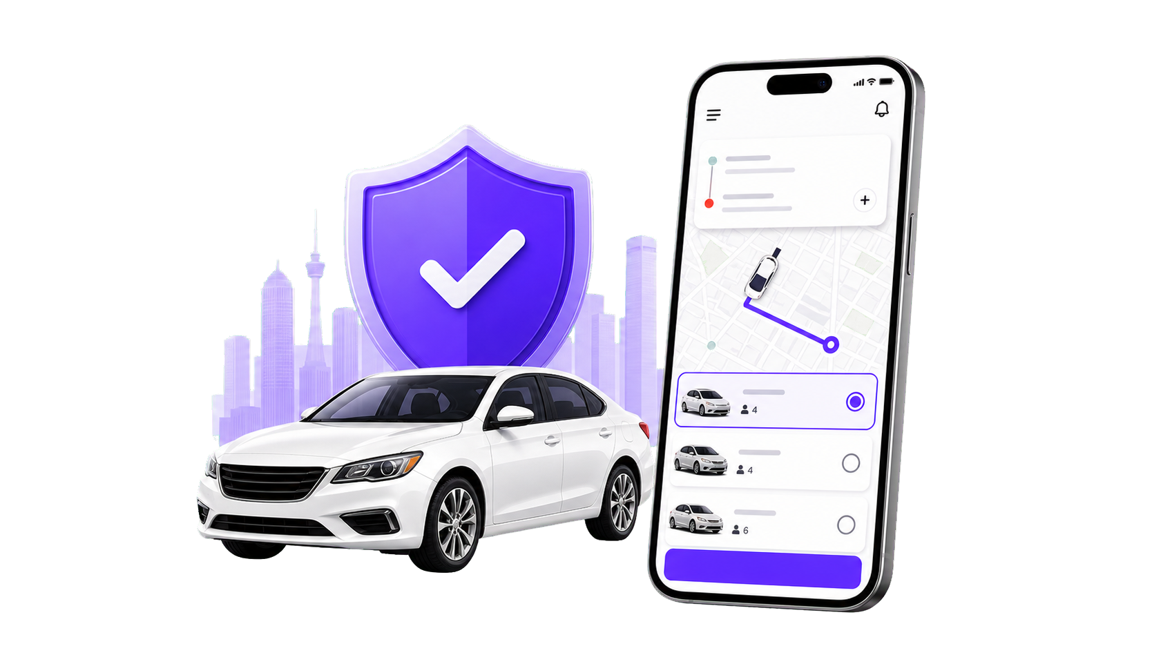 Escudo de segurança, carro e acompanhamento da viagem no app da Chegga